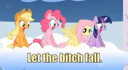 Size: 480x261 | Tagged: applejack, caption, derpibooru import, edit, edited screencap, ei, fluttershy, hub logo, image macro, pinkie pie, safe, screencap, sonic rainboom (episode), text, twilight sparkle, vulgar