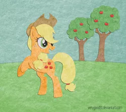 Size: 948x843 | Tagged: safe, artist:verygood91, derpibooru import, applejack, earth pony, pony, apple, apple tree, applejack's hat, cowboy hat, felt, female, food, grass, hat, hooves in air, hooves up, mare, open mouth, signature, sky, smiling, solo, tree, yeehaw