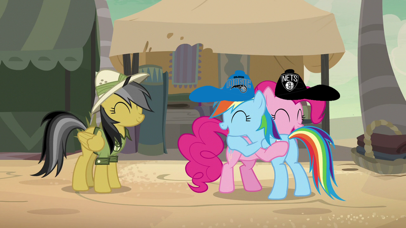 Size: 1280x720 | Tagged: safe, derpibooru import, edit, edited screencap, screencap, daring do, pinkie pie, rainbow dash, pony, daring done?, basketball, brooklyn nets, butt touch, hat, hoof on butt, hug, nba, orlando magic, sports