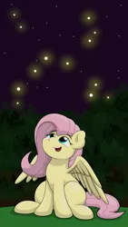 Size: 2250x4000 | Tagged: safe, artist:ljdamz1119, derpibooru import, fluttershy, firefly (insect), insect, pegasus, pony, cute, female, looking at something, looking up, mare, night, shyabetes, sitting, smiling, solo, spread wings, three quarter view, wings