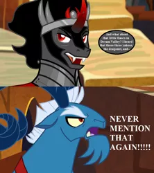 Size: 800x900 | Tagged: angry, derpibooru import, dialogue, edit, edited screencap, five exclamation points, g1, g1 to g4, generation leap, grogar, implied danny, implied megan, implied molly, implied spike (g1), king sombra, my little pony 'n friends, safe, screencap, speech bubble, the beginning of the end, the return of tambelon, wolf teeth
