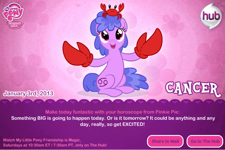 Size: 750x500 | Tagged: cancer (horoscope), crab, derpibooru import, happy, hasbro, horoscope, logo, my little pony logo, official, ponyscopes, safe, text, zodiac