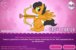 Size: 750x500 | Tagged: safe, derpibooru import, official, ponified, pony, archery, arrow, bow (weapon), bow and arrow, horoscope, logo, my little pony logo, plunger, ponyscopes, sagittarius, sitting, smiling, text, weapon, zodiac