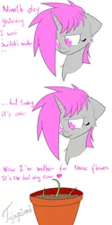Size: 3000x6000 | Tagged: safe, artist:fajnyziomal, derpibooru import, oc, oc:purple light, unofficial characters only, pony, unicorn, comic:świstek, bait and switch, cheek fluff, comic, crying, everything went better than expected, female, flower pot, mare, neck fluff, solo, sprout, sprouting, tears of joy, teary eyes, text
