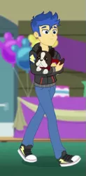 Size: 253x516 | Tagged: safe, derpibooru import, screencap, banana (dog), flash sentry, dog, best in show: the victory lap, equestria girls, equestria girls series, spoiler:eqg series (season 2), clothes, converse, cropped, hoodie, male, pants, shoes, sneakers