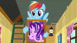 Size: 800x450 | Tagged: safe, derpibooru import, edit, edited screencap, screencap, rainbow dash, starlight glimmer, pony, no second prances, the washouts (episode), boop, clubhouse, crusaders clubhouse, exploitable meme, glimmerposting, ladder, lantern, meme, rainbow dash's poster, self-boop, smiling, window