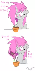 Size: 3000x6000 | Tagged: safe, artist:fajnyziomal, derpibooru import, oc, oc:purple light, unofficial characters only, pony, unicorn, comic:świstek, can, cheek fluff, chest fluff, comic, energy drink, female, flower pot, levitation, magic, mare, monster energy, plant, pouring, solo, sprout, telekinesis, watering