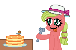 Size: 242x162 | Tagged: safe, artist:drypony198, derpibooru import, cowboys and equestrians, cute, food, fork, mad (tv series), mad magazine, maplejack, pancakes, plate, solo, syrup, tongue out