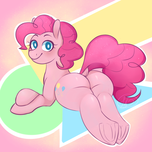 Size: 1900x1900 | Tagged: artist needed, suggestive, derpibooru import, pinkie pie, earth pony, pony, abstract background, balloonbutt, blushing, butt, colored, dock, female, frog (hoof), looking at you, looking back, looking back at you, mare, plot, signature, smiling, solo, the ass was fat, underhoof