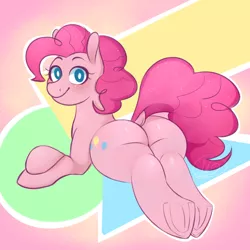 Size: 1900x1900 | Tagged: artist needed, suggestive, derpibooru import, pinkie pie, earth pony, pony, abstract background, balloonbutt, blushing, butt, colored, dock, female, frog (hoof), looking at you, looking back, looking back at you, mare, plot, signature, smiling, solo, the ass was fat, underhoof