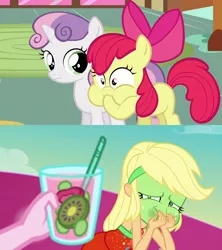 Size: 1920x2160 | Tagged: safe, derpibooru import, screencap, apple bloom, applejack, pinkie pie, sweetie belle, equestria girls, equestria girls series, hearts and hooves day (episode), spring breakdown, spoiler:eqg series (season 2), green face, puffy cheeks, seasickness, smoothie