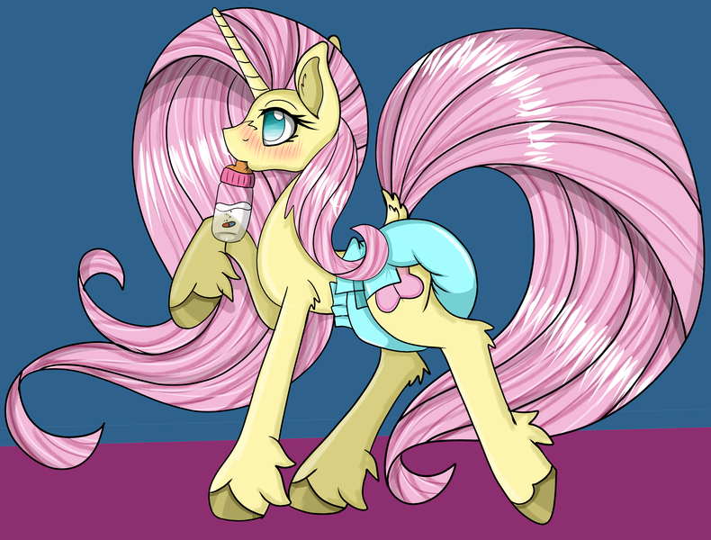 Size: 4621x3509 | Tagged: suggestive, artist:cuddlelamb, derpibooru import, pony, unicorn, leak, spoiler:g5, adult foal, baby bottle, blushing, diaper, diaper fetish, dock, fetish, fluttershy (g5), foal bottle, g5, pills, poofy diaper, solo, unicorn fluttershy