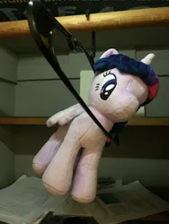 Size: 3024x4032 | Tagged: safe, derpibooru import, twilight sparkle, twilight sparkle (alicorn), alicorn, pony, 4de, closet, clothes hanger, irl, photo, plushie, silly, silly pony, solo, stuck