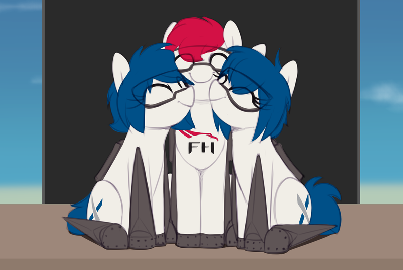 Size: 1897x1271 | Tagged: safe, artist:shinodage, derpibooru import, oc, oc:falcon (rocket), oc:full thrust, oc:merlin, ponified, unofficial characters only, original species, pony, rocket pony, cute, eyes closed, falcon heavy, goggles, nuzzling, smiling, spacex, trio