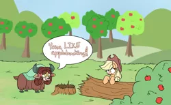 Size: 1280x788 | Tagged: safe, artist:heir-of-rick, derpibooru import, applejack, yona, earth pony, pony, yak, daily apple pony, apple, apple tree, applebucking, applejack's hat, cowboy hat, duo, food, funny, grass, hat, looking at something, open mouth, shrunken pupils, speech bubble, stronk, tree, worried, you're doing it wrong
