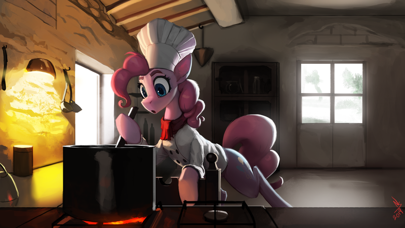 Size: 2560x1440 | Tagged: safe, artist:nsilverdraws, derpibooru import, pinkie pie, earth pony, pony, :o, cabinet, casserole, chef, chef outfit, chef's hat, cooking, counter, cute, door, female, hat, kitchen, light, looking at something, mare, open mouth, solo, spoon, stove, window