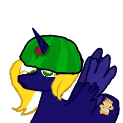 Size: 400x400 | Tagged: alicorn, alicorn oc, artist:zeromode, derpibooru import, emote, food, helmet, horn, oc, oc:time vortex (th3bluerose), safe, unofficial characters only, watermelon, wings