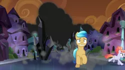 Size: 2100x1181 | Tagged: safe, derpibooru import, screencap, amber laurel, quantum leap (character), crystal pony, pony, the beginning of the end, background pony, crystal, crystal empire, dark crystal, female, male, mare, orange sky, running away, scared, smole, stallion