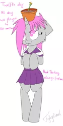 Size: 3000x6000 | Tagged: safe, artist:fajnyziomal, derpibooru import, oc, oc:purple light, unofficial characters only, pony, unicorn, comic:świstek, bipedal, cheek fluff, clothes, comic, crown, female, flower pot, jewelry, looking up, mare, plant, regalia, shirt, skirt, solo, sprout
