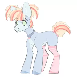 Size: 4021x4024 | Tagged: safe, artist:hellishprogrammer, derpibooru import, oc, oc:pastel coat, unofficial characters only, earth pony, pony, blank flank, blaze (coat marking), clothes, collar, femboy, heart, male, pale belly, pigtails, simple background, socks, solo, stallion, twintails, white background