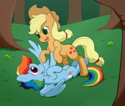 Size: 1500x1280 | Tagged: safe, artist:arosyks, derpibooru import, applejack, rainbow dash, earth pony, pegasus, pony, appledash, applejack's hat, colored pupils, cowboy hat, cute, dashabetes, female, grass, hat, jackabetes, lesbian, looking at each other, lying, lying in grass, mare, on back, open mouth, playing, raised hoof, shipping, smiling, tree, unshorn fetlocks