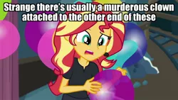 Size: 1280x720 | Tagged: safe, derpibooru import, edit, edited screencap, screencap, sunset shimmer, all the world's off stage, equestria girls, equestria girls series, all the world's off stage: pinkie pie, balloon, caption, clown, image macro, implied pennywise, it, solo, text, the addams family