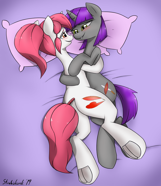 Size: 1765x2042 | Tagged: safe, artist:strebiskunk, derpibooru import, oc, oc:crimson prose, oc:paper cut, pony, unicorn, bed, blushing, butt, cuddling, female, frog (hoof), gray coat, haycartes' method, hug, lesbian, mare, pigtails, pillow, pink mane, plot, ponytail, purple mane, red eyes, rose eyes, smiling, tail wrap, tulpa, underhoof, white coat, yellow eyes