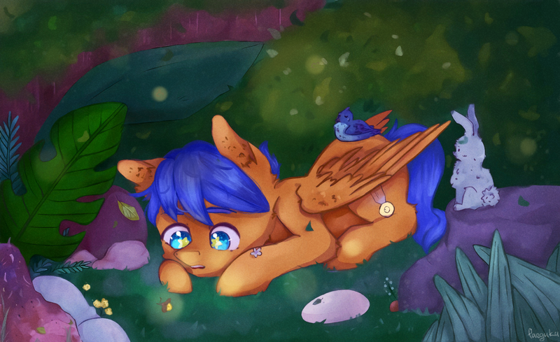 Size: 2097x1283 | Tagged: safe, artist:faeguku, derpibooru import, oc, oc:crushingvictory, unofficial characters only, bird, blue jay, firefly (insect), insect, pony, rabbit, animal, digital painting, fluffy, in awe, mordecai, regular show, starry eyes, wingding eyes