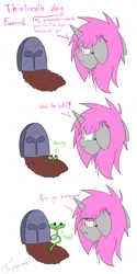 Size: 3000x6000 | Tagged: safe, artist:fajnyziomal, derpibooru import, oc, oc:purple light, unofficial characters only, pony, unicorn, comic:świstek, :i, comic, female, floppy ears, gravestone, howdy, mare, solo, sprout, text, unamused