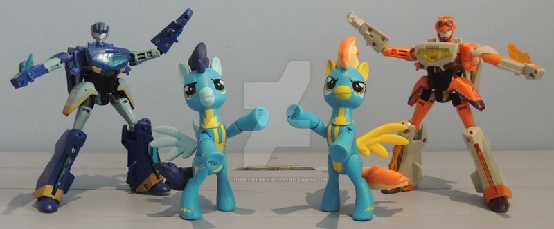 Size: 1280x530 | Tagged: safe, artist:lonetrekker, derpibooru import, soarin', spitfire, pony, action figure, crossover, guardians of harmony, irl, jetfire, jetstorm, obtrusive watermark, photo, toy, transformers, transformers animated, watermark, wonderbolts