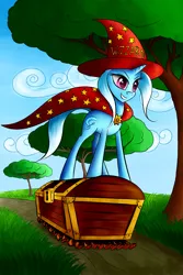 Size: 800x1200 | Tagged: safe, artist:asimos, derpibooru import, trixie, pony, unicorn, chest, crossover, discworld, don't trust wheels, female, rincewind, solo, the luggage, treasure chest, wizzard