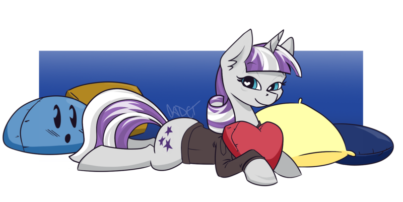 Size: 1280x642 | Tagged: safe, artist:cadetredshirt, derpibooru import, twilight velvet, pony, unicorn, series:daring did tales of an adventurer's companion, bedroom eyes, blue background, blushing, cell shaded, clothes, commission, cushion, gradient background, heart, heart pillow, horn, implied night light, jacket, leather jacket, looking at you, lying down, pillow, scar, simple background, simple shading, smiling, solo, wingding eyes, ych result