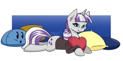 Size: 1280x642 | Tagged: safe, artist:cadetredshirt, derpibooru import, twilight velvet, pony, unicorn, series:daring did tales of an adventurer's companion, bedroom eyes, blue background, blushing, cell shaded, clothes, commission, cushion, gradient background, heart, heart pillow, horn, implied night light, jacket, leather jacket, looking at you, lying down, pillow, scar, simple background, simple shading, smiling, solo, wingding eyes, ych result