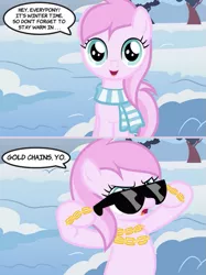 Size: 625x837 | Tagged: applecore, artist:faikie, bling, chains, clothes, comic, derpibooru import, dialogue, piña colada, piña cutelada, safe, scarf, snow, speech bubble, sunglasses, swag