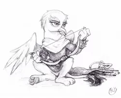 Size: 2019x1642 | Tagged: safe, artist:wisdom-thumbs, derpibooru import, oc, unofficial characters only, gryphon, arrow, black and white, bow (weapon), clothes, female, grayscale, monochrome, paws, pencil drawing, quiver, simple background, sitting, solo, spread wings, traditional art, underpaw, white background, wings