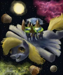 Size: 500x600 | Tagged: artist needed, safe, derpibooru import, derpy hooves, pegasus, pony, discworld, female, flat world, food, great a'tuin, mare, moon, muffin, space, sun