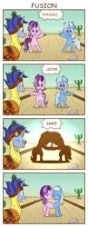 Size: 800x2060 | Tagged: safe, artist:sazanamibd, derpibooru import, hoo'far, starlight glimmer, trixie, pony, unicorn, road to friendship, 4koma, catdog, comic, conjoined, dragon ball z, female, fusion, fusion dance, jaw drop, male, mare, nuzzling, open mouth, pushmi-pullyu, smiling, stallion, translation