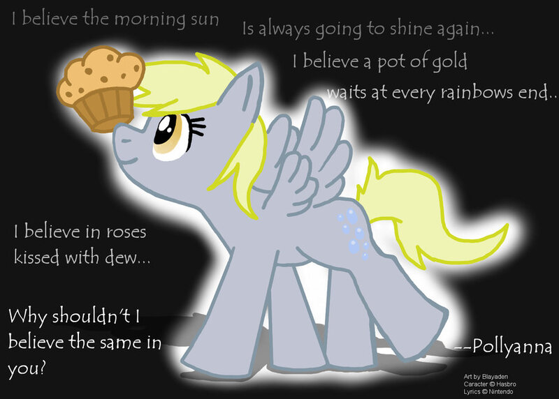 Size: 900x644 | Tagged: safe, artist:blayaden, derpibooru import, derpy hooves, pegasus, pony, earthbound, female, food, lyrics, mare, muffin, pollyanna (i believe in you), text