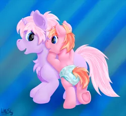 Size: 1280x1177 | Tagged: safe, artist:wittleskaj, derpibooru import, oc, oc:gentle sea, oc:sugar plum, pony, unicorn, cute, diaper, female, filly, foal, ocbetes, pullup (diaper), simple background