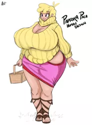 Size: 2000x2700 | Tagged: areola outline, artist:aer0 zer0, basket, big breasts, breasts, busty paprika paca, clothes, community related, derpibooru import, female, huge breasts, human, humanized, impossibly large breasts, open-chest sweater, paprika paca, picnic basket, simple background, smiling, solo, solo female, suggestive, sweater, them's fightin' herds, turtleneck, white background, wide hips