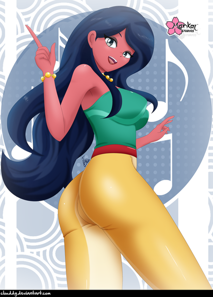Size: 718x1000 | Tagged: safe, artist:clouddg, derpibooru import, desert sage, equestria girls, equestria girls series, spring breakdown, spoiler:eqg series (season 2), armpits, ass, breasts, bustier, busty desert sage, butt, clothes, female, looking at you, looking back, looking back at you, open mouth, pants, sexy, signature, solo, stupid sexy desert sage