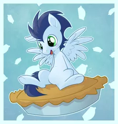 Size: 1990x2092 | Tagged: safe, artist:thecraftpony, derpibooru import, soarin', pegasus, pony, apple, apple pie, chibi, cute, drool, featureless crotch, food, hooves, pie, soarinbetes, solo, that pony sure does love pies