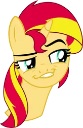 Size: 2000x3048 | Tagged: safe, artist:midnight-st4r, derpibooru import, sunset shimmer, pony, unicorn, daring don't, bust, dreamworks face, female, grin, mare, raised eyebrow, simple background, smiling, smirk, solo, transparent background, vector