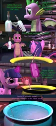 Size: 1920x4320 | Tagged: 3d, alicorn, artist:papadragon69, bottle, cauldron, comic, comic:spike's cyosa, cyoa, derpibooru import, dragon, laboratory, older, older spike, potion, safe, source filmmaker, spike, teenager, teenage spike, twilight sparkle, twilight sparkle (alicorn), winged spike