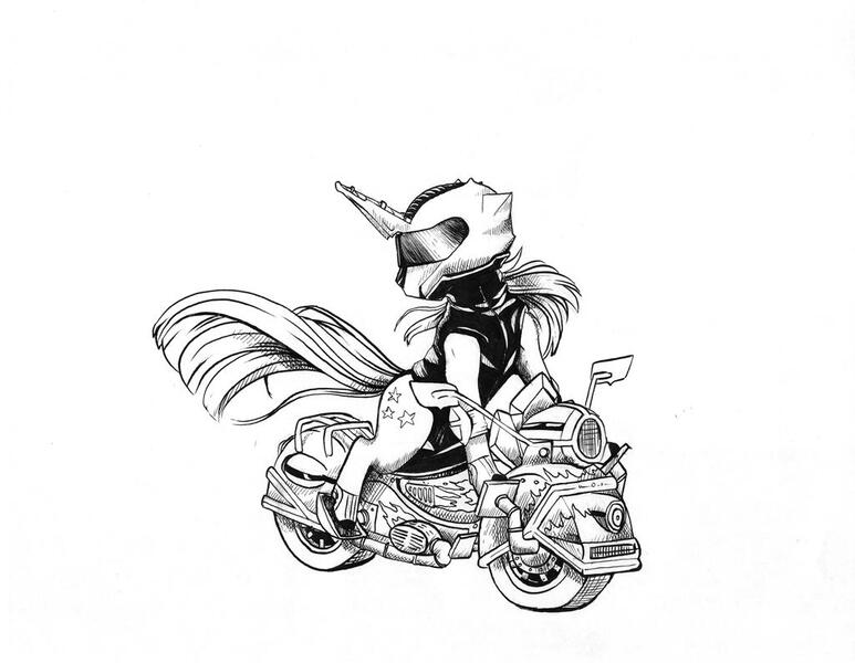 Size: 1024x795 | Tagged: safe, artist:tillie-tmb, derpibooru import, twilight velvet, pony, fanfic:spectrum of lightning, series:daring did tales of an adventurer's companion, helmet, monochrome, motorcycle, solo, traditional art