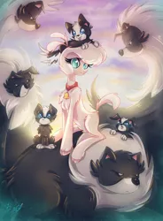 Size: 2800x3800 | Tagged: artist:alexbluebird, bell, bell collar, cloven hooves, collar, community related, cute, derpibooru import, dog, female, lamb, pom lamb, puppy, safe, sheep, smiling, them's fightin' herds