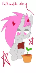 Size: 3000x6000 | Tagged: safe, artist:fajnyziomal, derpibooru import, oc, oc:purple light, unofficial characters only, pony, unicorn, comic:świstek, bag, cheek fluff, comic, devil horns, dust, female, fetus, flower pot, looking at something, mare, pure unfiltered evil, shoulder fluff, solo, sprout, stars