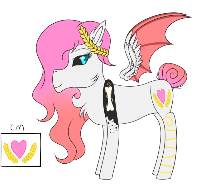 Size: 1160x1079 | Tagged: safe, artist:derpyhooves567, derpibooru import, oc, oc:aphrodite (ice1517), unofficial characters only, angel pony, demon, demon pony, hybrid, original species, pony, angel, black sclera, bone, chest fluff, colored sclera, ear fluff, female, floral head wreath, flower, mare, markings, simple background, solo, transparent background