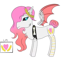 Size: 1160x1079 | Tagged: safe, artist:derpyhooves567, derpibooru import, oc, oc:aphrodite (ice1517), unofficial characters only, angel pony, demon, demon pony, hybrid, original species, pony, angel, black sclera, bone, chest fluff, colored sclera, ear fluff, female, floral head wreath, flower, mare, markings, simple background, solo, transparent background