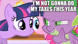 Size: 1280x720 | Tagged: safe, derpibooru import, edit, edited screencap, screencap, pinkie pie, spike, twilight sparkle, dragon, pony, green isn't your color, bad idea, caption, evil grin, female, grin, image macro, imminent audit, male, mare, smiling, tax evasion, taxes, text, this will end in jail time, whispering